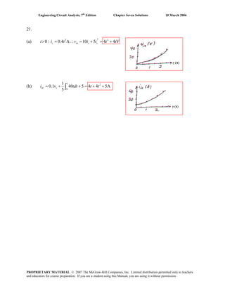 Engineering Circuit Analysis, 7th
Edition Chapter Seven Solutions 10 March 2006
21.
(a) 2 2
0: 0.4 A 10 5 4 4 V′> = ∴ = + = +s in s st i t v i i t t
(b) 2
0
1
0.1 40 5 4 4 5A
5
′ = + + = + +∫
t
in si v tdt t t
PROPRIETARY MATERIAL. © 2007 The McGraw-Hill Companies, Inc. Limited distribution permitted only to teachers
and educators for course preparation. If you are a student using this Manual, you are using it without permission.
 