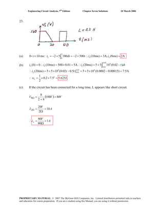 Engineering Circuit Analysis, 7th
Edition Chapter Seven Solutions 10 March 2006
23.
(a)
0
0 10 ms: 2 5 100 2 500 (10ms) 3A, (8ms) 2A< < = − + = − + ∴ = =∫
t
L Lt i dt t i iL
(b)
(c) If the circuit has been connected for a long time, L appears like short circuit.
( ) VVV 80100
82
8
8 =
+
=Ω
A
V
I 10
2
20
2 =
Ω
=Ω
A
V
ix 1
80
80
=
Ω
=∴
0.02
4
0.01
4 0.02 4
0.01
2
(0) 0 (10ms) 500 0.01 5A (20ms) 5 5 10 (0.02 )
(20ms) 5 5 10 (0.02 0.5 ) 5 5 10 (0.0002 0.00015) 7.5A
1
0.2 7.5 5.625J
2
L L L
L
L
i i i t d
i t t
w
= ∴ = × = ∴ = + − t
∴ = + × − = + × − =
∴ = × × =
∫
PROPRIETARY MATERIAL. © 2007 The McGraw-Hill Companies, Inc. Limited distribution permitted only to teachers
and educators for course preparation. If you are a student using this Manual, you are using it without permission.
 