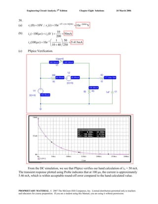 Engineering Circuit Analysis, 7th
Edition Chapter Eight Solutions 10 March 2006
38.
(a)
6
10 /(10 50 200) 20000
(0) 10V ( ) 10 10 V
t t
c cv v t e e
− + −
= ∴ = =
(b)
2
10
( 100 ) (0 ) 50mA
200
1 50
(100 ) 10 5.413mA
10 40 250
A A
A
i s i
i s e
μ
μ
−
−
− = =
⎛ ⎞
= =⎜ ⎟
+⎝ ⎠
(c) PSpice Verification.
=
From the DC simulation, we see that PSpice verifies our hand calculation of iA = 50 mA.
The transient response plotted using Probe indicates that at 100 μs, the current is approximately
5.46 mA, which is within acceptable round-off error compared to the hand calculated value.
PROPRIETARY MATERIAL. © 2007 The McGraw-Hill Companies, Inc. Limited distribution permitted only to teachers
and educators for course preparation. If you are a student using this Manual, you are using it without permission.
 