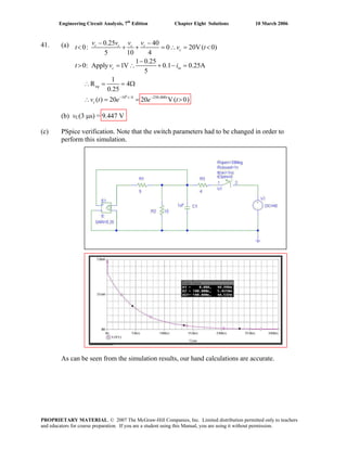 Engineering Circuit Analysis, 7th
Edition Chapter Eight Solutions 10 March 2006
41. (a)
6
10 /4 250,000
0.25 40
0: 0 20V( 0)
5 10 4
1 0.25
0: Apply 1V 0.1 0.25A
5
1
R 4
0.25
( ) 20 20 V( 0)− −
− −
< + + = ∴ = <
−
> = ∴ + − =
∴ = = Ω
∴ = = >
c c c c
c
c in
eq
t t
c
v v v v
t v t
i
v t e e t
(b) vC(3 μs) = 9.447 V
(c) PSpice verification. Note that the switch parameters had to be changed in order to
perform this simulation.
t v
As can be seen from the simulation results, our hand calculations are accurate.
PROPRIETARY MATERIAL. © 2007 The McGraw-Hill Companies, Inc. Limited distribution permitted only to teachers
and educators for course preparation. If you are a student using this Manual, you are using it without permission.
 