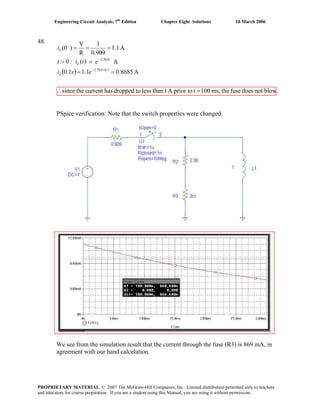 Engineering Circuit Analysis, 7th
Edition Chapter Eight Solutions 10 March 2006
48.
PSpice verification: Note that the switch properties were changed.
( )
blow.notdoesfusethems,100prior toA1thanlesstodroppedhascurrentthesince
A.868501.11.0
A)(:0
A1.1
909.0
1
R
V
)0(
1.0363.2
363.2
=∴
==
=>
===
×−
−
−
t
esi
etit
i
L
t
L
L
We see from the simulation result that the current through the fuse (R3) is 869 mA, in
agreement with our hand calculation.
PROPRIETARY MATERIAL. © 2007 The McGraw-Hill Companies, Inc. Limited distribution permitted only to teachers
and educators for course preparation. If you are a student using this Manual, you are using it without permission.
 