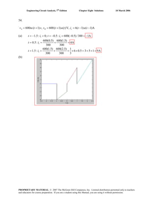 Engineering Circuit Analysis, 7th
Edition Chapter Eight Solutions 10 March 2006
54.
600 ( 1) , 600( 1) ( )V, 6( 1) ( 1)AA B cv tu t v v t u t i t u t↑ = + = + = − −
(a) 1 1
1
1
1.5: 0; 0.5: 600( 0.5) /300 1A
600(0.5) 600(1.5)
0.5: 4A
300 300
600(1.5) 600(2.5) 1
1.5: 6 0.5 3 5 1 9A
300 300 3
= − = = − = − = −
= = + =
= = + + × × = + + =
t i t i
t i
t i
(b)
PROPRIETARY MATERIAL. © 2007 The McGraw-Hill Companies, Inc. Limited distribution permitted only to teachers
and educators for course preparation. If you are a student using this Manual, you are using it without permission.
 