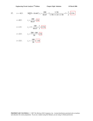 Engineering Circuit Analysis, 7th
Edition Chapter Eight Solutions 10 March 2006
57. 0.5:t = −
200 1/50 1
50 25 16.667, 2 3 2.5A
66.67 1/50 1/ 25 1/50 2
xi= = − = − =
+ +
0.5:t =
200
3A
66.67
xi = =
1.5:t =
100 1
3 2
66.67
xi = − .5A
3
× =
2.5:t =
200 100
2A
50
xi
−
= =
3.5:t =
100
2A
50
xi = − = −
PROPRIETARY MATERIAL. © 2007 The McGraw-Hill Companies, Inc. Limited distribution permitted only to teachers
and educators for course preparation. If you are a student using this Manual, you are using it without permission.
 