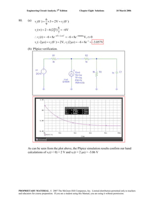 Engineering Circuit Analysis, 7th
Edition Chapter Eight Solutions 10 March 2006
80. (a)
9 3
10 /2 10 500000
1
6
(0 ) 3 2V (0 )
9
6
( ) 2 6(2 7) 6V
7
( ) 6 8 6 8 V, 0
( 2 ) (0 ) 2V, (2 ) 6 8 3.057V
− +
− × −
− −
= × = =
∞ = − = −
∴ = − + = − + >
− = = = − + = −
c c
c
t t
c
c c c
v v
v
v t e e t
v s v v s eμ μ
(b) PSpice verification.
As can be seen from the plot above, the PSpice simulation results confirm our hand
calculations of vC(t < 0) = 2 V and vC(t = 2 μs) = -3.06 V
PROPRIETARY MATERIAL. © 2007 The McGraw-Hill Companies, Inc. Limited distribution permitted only to teachers
and educators for course preparation. If you are a student using this Manual, you are using it without permission.
 