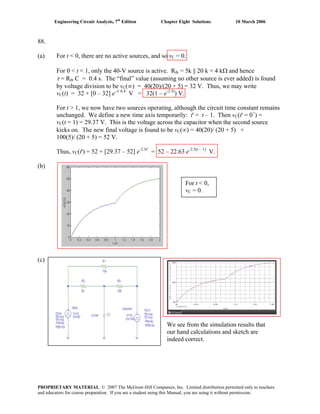 Engineering Circuit Analysis, 7th
Edition Chapter Eight Solutions 10 March 2006
88.
(a) For t < 0, there are no active sources, and so vC = 0.
For 0 < t < 1, only the 40-V source is active. Rth = 5k || 20 k = 4 kΩ and hence
τ = Rth C = 0.4 s. The “final” value (assuming no other source is ever added) is found
by voltage division to be vC(∞) = 40(20)/(20 + 5) = 32 V. Thus, we may write
vC(t) = 32 + [0 – 32] e–t/ 0.4
V = 32(1 – e-2.5t
) V.
For t > 1, we now have two sources operating, although the circuit time constant remains
unchanged. We define a new time axis temporarily: t' = t – 1. Then vC(t' = 0+
) =
vC(t = 1) = 29.37 V. This is the voltage across the capacitor when the second source
kicks on. The new final voltage is found to be vC(∞) = 40(20)/ (20 + 5) +
100(5)/ (20 + 5) = 52 V.
Thus, vC(t') = 52 + [29.37 – 52] e-2.5t'
= 52 – 22.63 e-2.5(t – 1)
V.
For t < 0,
vC = 0.
We see from the simulation results that
our hand calculations and sketch are
indeed correct.
(b)
(c)
PROPRIETARY MATERIAL. © 2007 The McGraw-Hill Companies, Inc. Limited distribution permitted only to teachers
and educators for course preparation. If you are a student using this Manual, you are using it without permission.
 