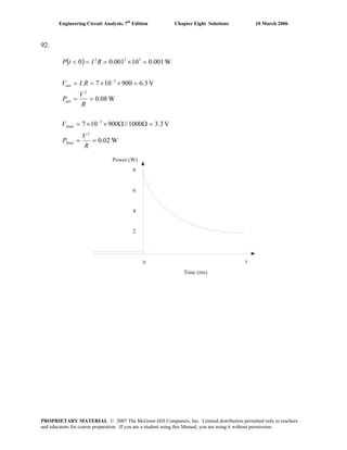 Engineering Circuit Analysis, 7th
Edition Chapter Eight Solutions 10 March 2006
92.
( )
W0.02
V3.31000//900107
W0.08
V6.3900107.
W0.00110001.00
2
3
2
3
322
==
=ΩΩ××=
==
=××==
=×==<
−
−
R
V
P
V
R
V
P
RIV
RItP
final
final
init
init
8
6
4
2
Power (W)
0 7
Time (ms)
PROPRIETARY MATERIAL. © 2007 The McGraw-Hill Companies, Inc. Limited distribution permitted only to teachers
and educators for course preparation. If you are a student using this Manual, you are using it without permission.
 