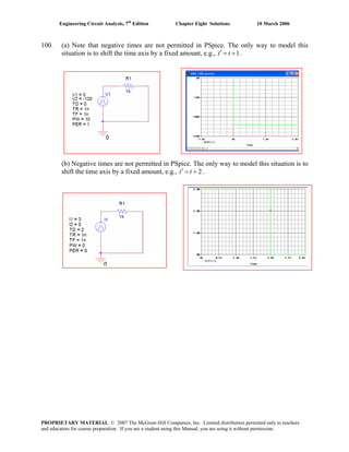Engineering Circuit Analysis, 7th
Edition Chapter Eight Solutions 10 March 2006
100. (a) Note that negative times are not permitted in PSpice. The only way to model this
situation is to shift the time axis by a fixed amount, e.g., 1t t′ = + .
(b) Negative times are not permitted in PSpice. The only way to model this situation is to
shift the time axis by a fixed amount, e.g., 2t t′ = + .
PROPRIETARY MATERIAL. © 2007 The McGraw-Hill Companies, Inc. Limited distribution permitted only to teachers
and educators for course preparation. If you are a student using this Manual, you are using it without permission.
 
