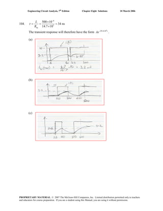 Engineering Circuit Analysis, 7th
Edition Chapter Eight Solutions 10 March 2006
104.
6
3
500 10
34 ns
14.7 10eq
L
R
τ
−
×
= = =
×
The transient response will therefore have the form .
6
29.4 10 t
Ae− ×
(a)
(b)
(c)
PROPRIETARY MATERIAL. © 2007 The McGraw-Hill Companies, Inc. Limited distribution permitted only to teachers
and educators for course preparation. If you are a student using this Manual, you are using it without permission.
 
