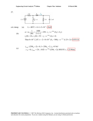 Engineering Circuit Analysis, 7th
Edition Chapter Nine Solutions 10 March 2006
27.
L
crit. damp. (a) 2 3
L 4R C 4 1 2 10 8mH−
= = × × × =
(b)
(c)
maL
t
x
250
max
: (250 2) 0, 1 250 2, 0 No!
0, 2A 0.02 (250 2); SOLVE: 23.96mss
m m m
t
m L s
i t t t
i e t t−
+ = = + <
∴ s= = ∴ = + =
250
1 2
250
1
3 3 1.25
1
1 1000
250 (A A )
2RC 2 1 2
(0) 2A, (0) 2V (A 2)
Then 8 10 (0 ) 2 8 10 (A 500), (1.25 2) 0.9311A
t
o L
t
L c L
L
i e t
i v i e t
i e
α ω −
−
− + − −
= = = ∴ = +
× ×
= = ∴ = +
′× = − = × − = + =
PROPRIETARY MATERIAL. © 2007 The McGraw-Hill Companies, Inc. Limited distribution permitted only to teachers
and educators for course preparation. If you are a student using this Manual, you are using it without permission.
 