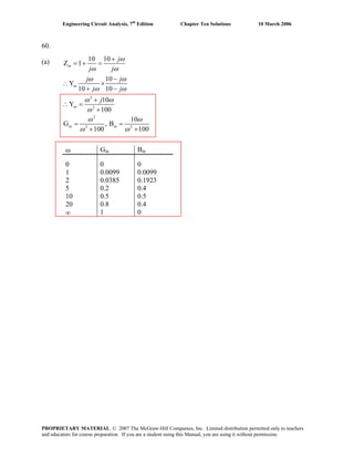 Engineering Circuit Analysis, 7th
Edition Chapter Ten Solutions 10 March 2006
60.
2
2
2
2 2
10 10(a)
ω Gin BB
in
0
1
2
5
10
20
∞
0
0.0099
0.0385
0.2
0.5
0.8
1
0
0.0099
0.1923
0.4
0.5
0.4
0
Z 1
10
Y
10 10
in
in
j
j j
j j
j j
10
Y
100
10
G , B
100 100
in
in in
j
ω
ω ω
ω ω
ω ω
ω ω
ω
ω ω
ω ω
+
= + =
−
∴ ×
+ −
+
∴ =
+
= =
+ +
PROPRIETARY MATERIAL. © 2007 The McGraw-Hill Companies, Inc. Limited distribution permitted only to teachers
and educators for course preparation. If you are a student using this Manual, you are using it without permission.
 