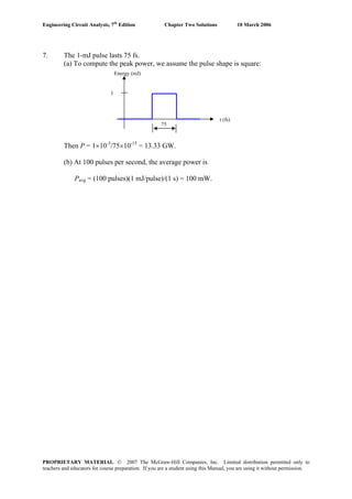 Engineering Circuit Analysis, 7th
Edition Chapter Two Solutions 10 March 2006
7. The 1-mJ pulse lasts 75 fs.
(a) To compute the peak power, we assume the pulse shape is square:
1
Energy (mJ)
t (fs)
75
Then P = 1×10-3
/75×10-15
= 13.33 GW.
(b) At 100 pulses per second, the average power is
Pavg = (100 pulses)(1 mJ/pulse)/(1 s) = 100 mW.
PROPRIETARY MATERIAL. © 2007 The McGraw-Hill Companies, Inc. Limited distribution permitted only to
teachers and educators for course preparation. If you are a student using this Manual, you are using it without permission.
 