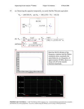 Engineering Circuit Analysis, 7th
Edition Chapter Ten Solutions 10 March 2006
87. (a) Removing the capacitor temporarily, we easily find the Thévenin equivalent:
Vth = (405/505) VS and Rth = 100 || (330 + 75) = 80.2 Ω
(b)
Cj
Cj
ω
ω
/12.80
1/
505
405
Sout
+
= VV so
ω12
S
out
10532.21
1
505
405
−
×+
⎟
⎠
⎞
⎜
⎝
⎛
=
jV
V
and hence
224
S
out
10411.61
0.802
ω−
×+
=
V
V
(c)
S
505
405
V
80.2 Ω
31.57 fF
+
Vout
-
Both the MATLAB plot of the
frequency response and the PSpice
simulation show essentially the
same behavior; at a frequency of
approximately 20 MHz, there is a
sharp roll-off in the transfer
function magnitude.
PROPRIETARY MATERIAL. © 2007 The McGraw-Hill Companies, Inc. Limited distribution permitted only to teachers
and educators for course preparation. If you are a student using this Manual, you are using it without permission.
 