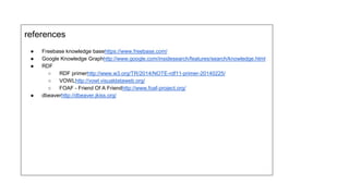 references
● Freebase knowledge base
https://www.freebase.com/
● Google Knowledge Graph
http://www.google.com/insidesearch/features/search/knowledge.html
● RDF
○ RDF primer
http://www.w3.org/TR/2014/NOTE-rdf11-primer-20140225/
○ VOWL
http://vowl.visualdataweb.org/
○ FOAF - Friend Of A Friend
http://www.foaf-project.org/
● dbeaver
http://dbeaver.jkiss.org/
 