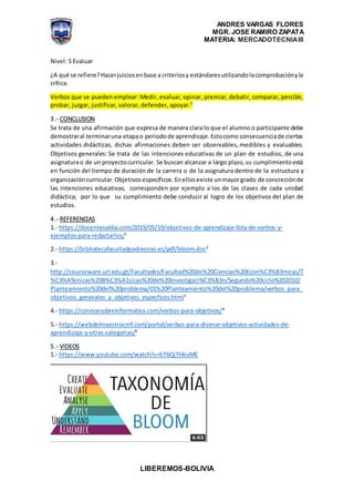 ANDRES VARGAS FLORES
MGR. JOSE RAMIRO ZAPATA
MATERIA: MERCADOTECNIAIII
LIBEREMOS-BOLIVIA
Nivel: 5 Evaluar
¿A qué se refiere?Hacerjuiciosenbase a criteriosy estándaresutilizandolacomprobaciónyla
crítica.
Verbos que se pueden emplear: Medir, evaluar, opinar, premiar, debatir, comparar, percibir,
probar, juzgar, justificar, valorar, defender, apoyar.5
3.- CONCLUSION
Se trata de una afirmación que expresa de manera clara lo que el alumno o participante debe
demostraral terminaruna etapao periodode aprendizaje.Estocomo consecuenciade ciertas
actividades didácticas, dichas afirmaciones deben ser observables, medibles y evaluables.
Objetivos generales: Se trata de las intenciones educativas de un plan de estudios, de una
asignaturao de un proyectocurricular. Se buscan alcanzar a largo plazo,su cumplimientoestá
en función del tiempo de duración de la carrera o de la asignatura dentro de la estructura y
organizacióncurricular.Objetivosespecíficos: Enellosexiste unmayorgrado de concreciónde
las intenciones educativas, corresponden por ejemplo a los de las clases de cada unidad
didáctica; por lo que su cumplimiento debe conducir al logro de los objetivos del plan de
estudios.
4.- REFERENCIAS
1.- https://docentesaldia.com/2019/05/19/objetivos-de-aprendizaje-lista-de-verbos-y-
ejemplos-para-redactarlos/1
2.- https://bibliotecafacultadpadreosso.es/pdf/bloom.doc2
3.-
http://courseware.url.edu.gt/Facultades/Facultad%20de%20Ciencias%20Econ%C3%B3micas/T
%C3%A9cnicas%20B%C3%A1sicas%20de%20Investigaci%C3%B3n/Segundo%20ciclo%202010/
Planteamiento%20del%20problema/01%20Planteamiento%20del%20problema/verbos_para_
objetivos_generales_y_objetivos_especficos.html3
4.- https://conocesobreinformatica.com/verbos-para-objetivos/4
5.- https://webdelmaestrocmf.com/portal/verbos-para-disenar-objetivos-actividades-de-
aprendizaje-y-otras-categorias/5
5.- VIDEOS
1.- https://www.youtube.com/watch?v=bT6QjTHkuME
 