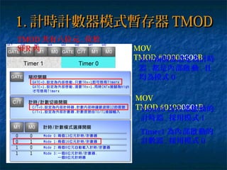 1.1. 計時計數器模式暫存器計時計數器模式暫存器 TMODTMOD
MOV
TMOD,#00000000B表示兩個都設定為計時
器 , 都是 部 動內 啟 , 且
均為模式 0
MOV
TMOD,#01000001BTimer0 為 部 動的內 啟
計時器 , 採用模式 1
Timer1 為 部 動的內 啟
計數器 , 採用模式 0
TMOD 共有八位元 , 位於
SFR 內
 