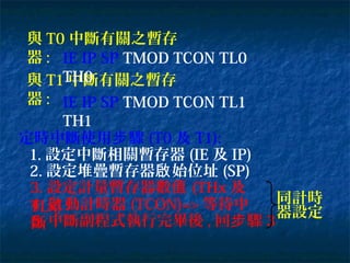 與 T0 中斷有關之暫存
器 :
與 T1 中斷有關之暫存
器 :
定時中斷使用 驟步 (T0 及 T1):
1. 設定中斷相關暫存器 (IE 及 IP)
2. 設定堆疊暫存器 始位址啟 (SP)
4. 動計時器啟 (TCON)=> 等待中
斷5. 中斷副程式執行完畢後 , 回 驟步 3
IE IP SP TMOD TCON TL0
TH0
IE IP SP TMOD TCON TL1
TH1
3. 設定計量暫存器數值 (THx 及
TLx)
同計時
器設定
 