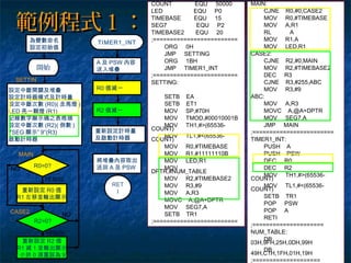 範例程式１：範例程式１：
重新設定 R0 值
R1 左移並輸出顯示
開始
SETTIN
G:
設定中斷開關及堆疊
設定計時器模式及計時量
設定中斷次數 (R0)( 走馬燈 )
LED 亮一顆燈 (R1)
記錄數字顯示碼之表格頭
設定中斷次數 (R2)( 倒數 )
7SEG 顯示” 9”(R3)
啟動計時器
MAIN
:
為變數命名
設定初始值
R0=0?
NO
YES(0)
TIMER1_INT
A 及 PSW 內容
送入堆疊
R0 值減一
RET
I
重新設定計時量
及啟動計時器
將堆疊內容取出
送回 A 及 PSW
COUNT EQU 50000
LED EQU P0
TIMEBASE EQU 15
SEG7 EQU P2
TIMEBASE2 EQU 20
;=========================
ORG 0H
JMP SETTING
ORG 1BH
JMP TIMER1_INT
;=========================
SETTING:
SETB EA
SETB ET1
MOV SP,#70H
MOV TMOD,#00010001B
MOV TH1,#>(65536-
COUNT)
MOV TL1,#<(65536-
COUNT)
MOV R0,#TIMEBASE
MOV R1,#11111110B
MOV LED,R1
MOV
DPTR,#NUM_TABLE
MOV R2,#TIMEBASE2
MOV R3,#9
MOV A,R3
MOVC A,@A+DPTR
MOV SEG7,A
SETB TR1
;=========================
MAIN:
CJNE R0,#0,CASE2
MOV R0,#TIMEBASE
MOV A,R1
RL 　 A
MOV R1,A
MOV LED,R1
CASE2:
CJNE R2,#0,MAIN
MOV R2,#TIMEBASE2
DEC R3
CJNE R3,#255,ABC
MOV R3,#9
ABC:
MOV A,R3
MOVC A,@A+DPTR
MOV SEG7,A
JMP MAIN
;========================
TIMER1_INT:
PUSH A
PUSH PSW
DEC R0
DEC R2
MOV TH1,#>(65536-
COUNT)
MOV TL1,#<(65536-
COUNT)
SETB TR1
POP PSW
POP A
RETI
;=====================
NUM_TABLE:
DB
03H,9FH,25H,0DH,99H
DB
49H,C1H,1FH,01H,19H
;====================
重新設定 R2 值
R1 減 1 並輸出顯示
( 小於 0 須重設為 9)
R2=0?
NO
YES(0)
CASE2
:
R2 值減一
 