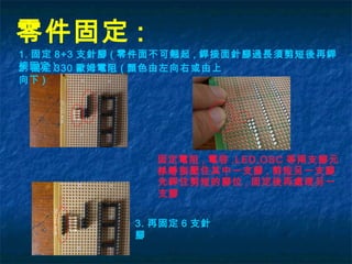 零件固定 :
1. 固定 8+3 支針腳 ( 零件面不可翹起 , 銲接面針腳過長須剪短後再銲
接固定 )2. 固定 330 歐姆電阻 ( 顏色由左向右或由上
向下 )
固定電阻 , 電容 ,LED,OSC 等兩支腳元
件時 :以手指壓住其中一支腳 , 剪短另一支腳
先銲住剪短的腳位 , 固定後再處理另一
支腳
3. 再固定 6 支針
腳
 