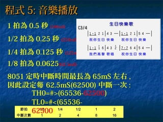 程式程式 5:5: 音樂播放音樂播放
1 拍為 0.5 秒 (500mS)
1/2 拍為 0.25 秒 (250mS)
1/4 拍為 0.125 秒 (125mS)
1/8 拍為 0.0625(62.5mS)
8051 定時中斷時間最長為 65mS 左右 ,
因此設定每 62.5mS(62500) 中斷一次 :
節拍節拍 1/81/8 1/41/4 1/21/2 11 22
中斷次數中斷次數 11 22 44 88 1616
TL0=#<(65536-
62500)
TH0=#>(65536-62500)
 