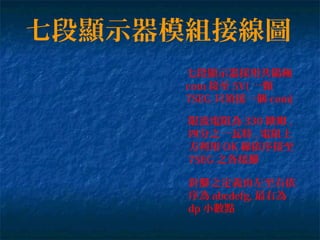 七段顯示器模組接線圖
七段顯示器採用共陽極
com 接至 5V( 一顆
7SEG 只須接一個 com)
限流電阻為 330 歐姆 ,
四分之一瓦特 , 電阻上
方利用 OK 線依序接至
7SEG 之各接腳
針 之定義由左至右依腳
序為 abcdefg, 最右為
dp 小數點
 