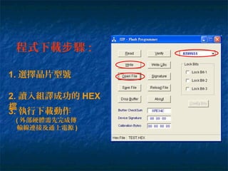 程式下載 驟步 :
1. 選擇晶片型號
2. 讀入組譯成功的 HEX
檔
3. 執行下載動作
( 外部硬體需先完成傳
輸線連接及通上電源 )
 