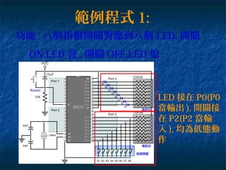 範例程式 1:
功能 : 八個指撥開關對應到八個 LED, 開關
ON,LED 亮 . 開關 OFF,LED 熄 .
LED 接在 P0(P0
當輸出 ), 開關接
在 P2(P2 當輸
入 ), 均為低態動
作
 