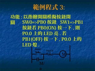 範例程式 3:
功能 : 以指撥開關模擬按鈕開
關 SW0=>PB0 按鈕 SW1=>PB1
按鈕若 PB0(ON) 按一下 , 則
P0.0 上的 LED 亮 . 若
PB1(OFF) 按一下 , P0.0 上的
LED 熄 .
PB0(O
N) PB1(OF
F)
M
M/
a
 