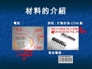 材料的介紹
電阻 :
½ w
¼ w: 洞洞板
上可緊臨併
排
排阻 : 打點的為 COM 點
等效電路 :
LED
:
3m
1.5m
331=33X10 =330 歐
姆
1
472=47X10 =4.7k 歐姆
2
 