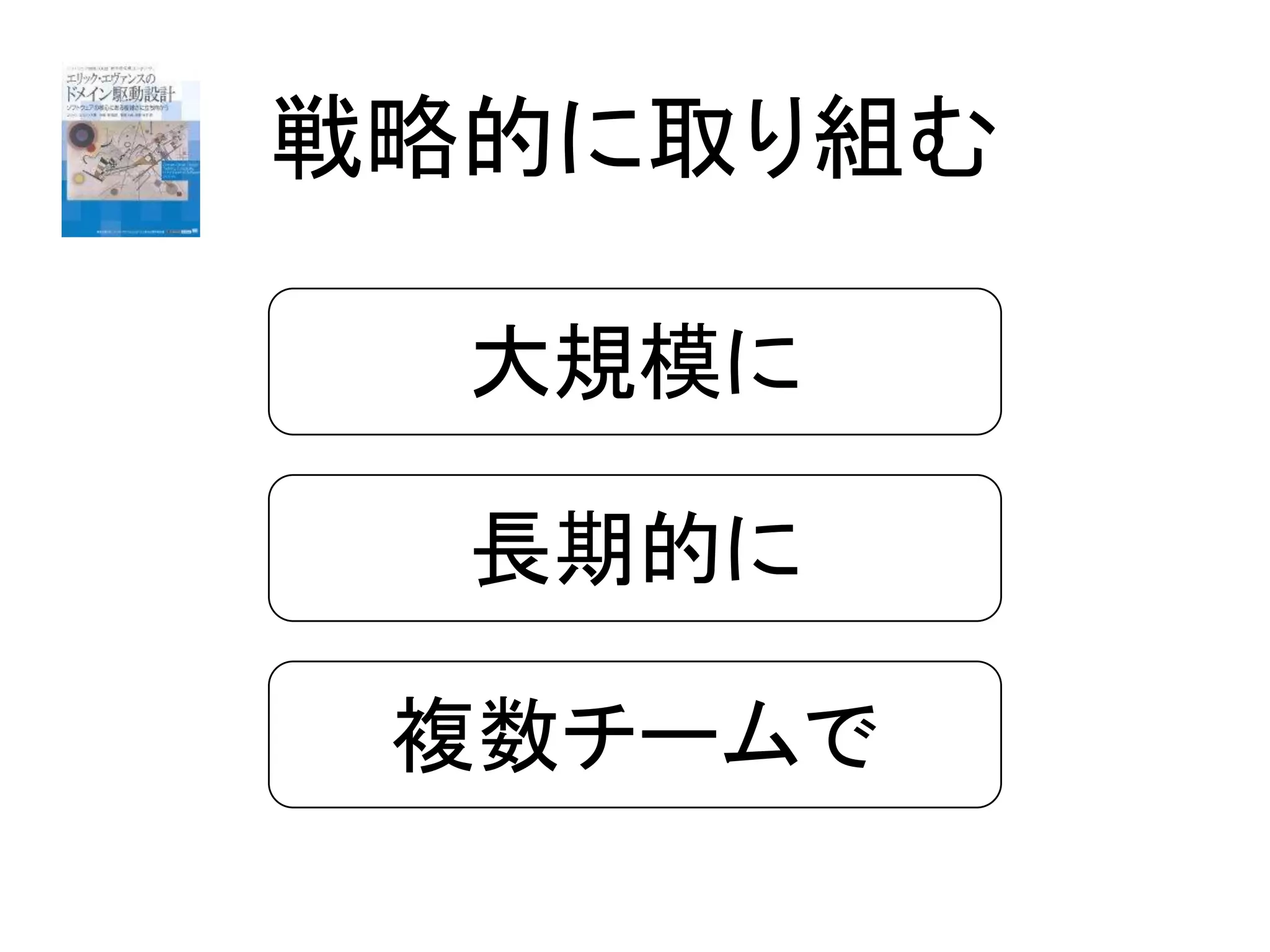 戦略的に取り組む
長期的に
複数チームで
大規模に
 