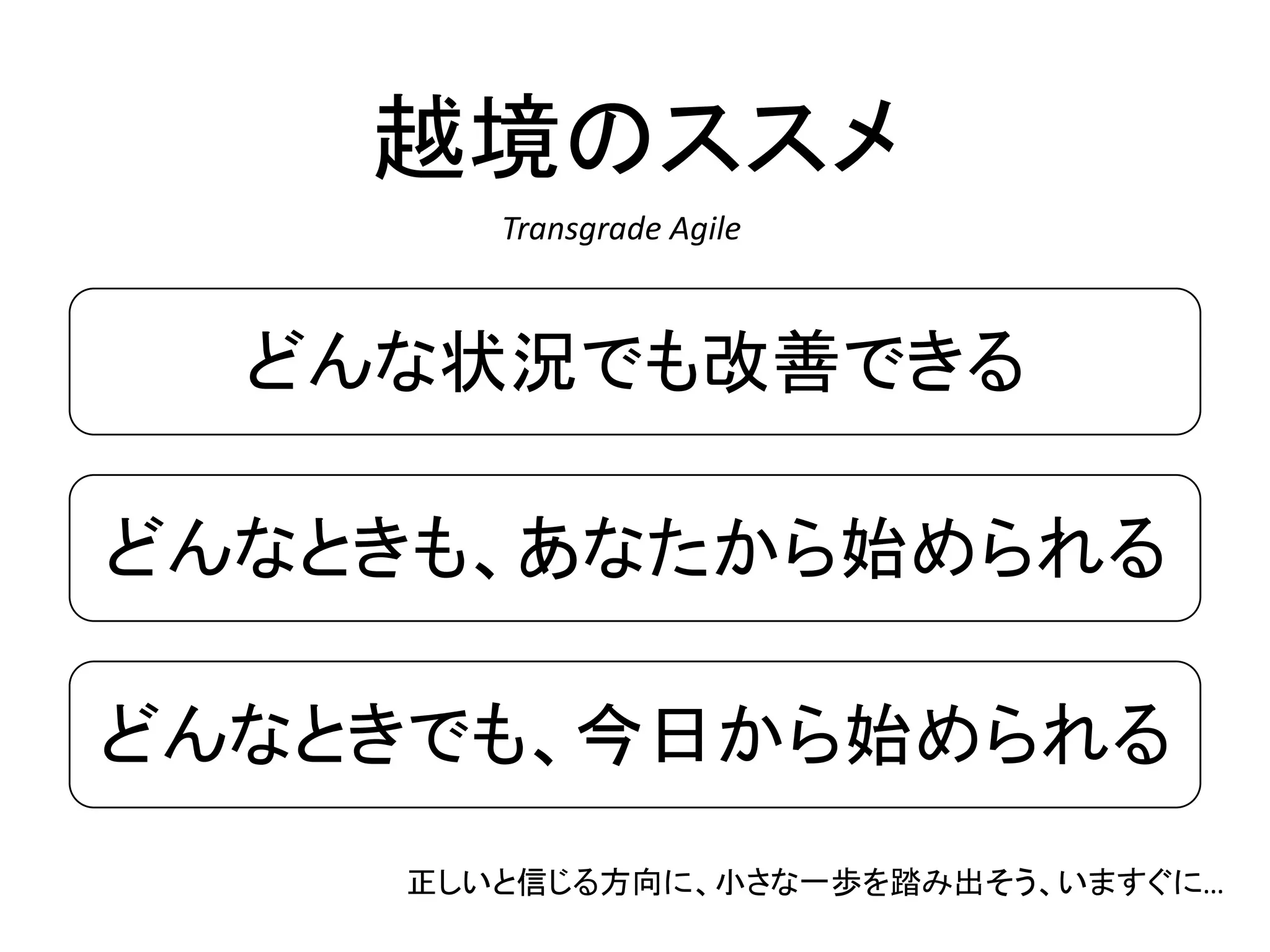 越境のススメ
どんなときも、あなたから始められる
どんなときでも、今日から始められる
どんな状況でも改善できる
正しいと信じる方向に、小さな一歩を踏み出そう、いますぐに…
Transgrade Agile
 
