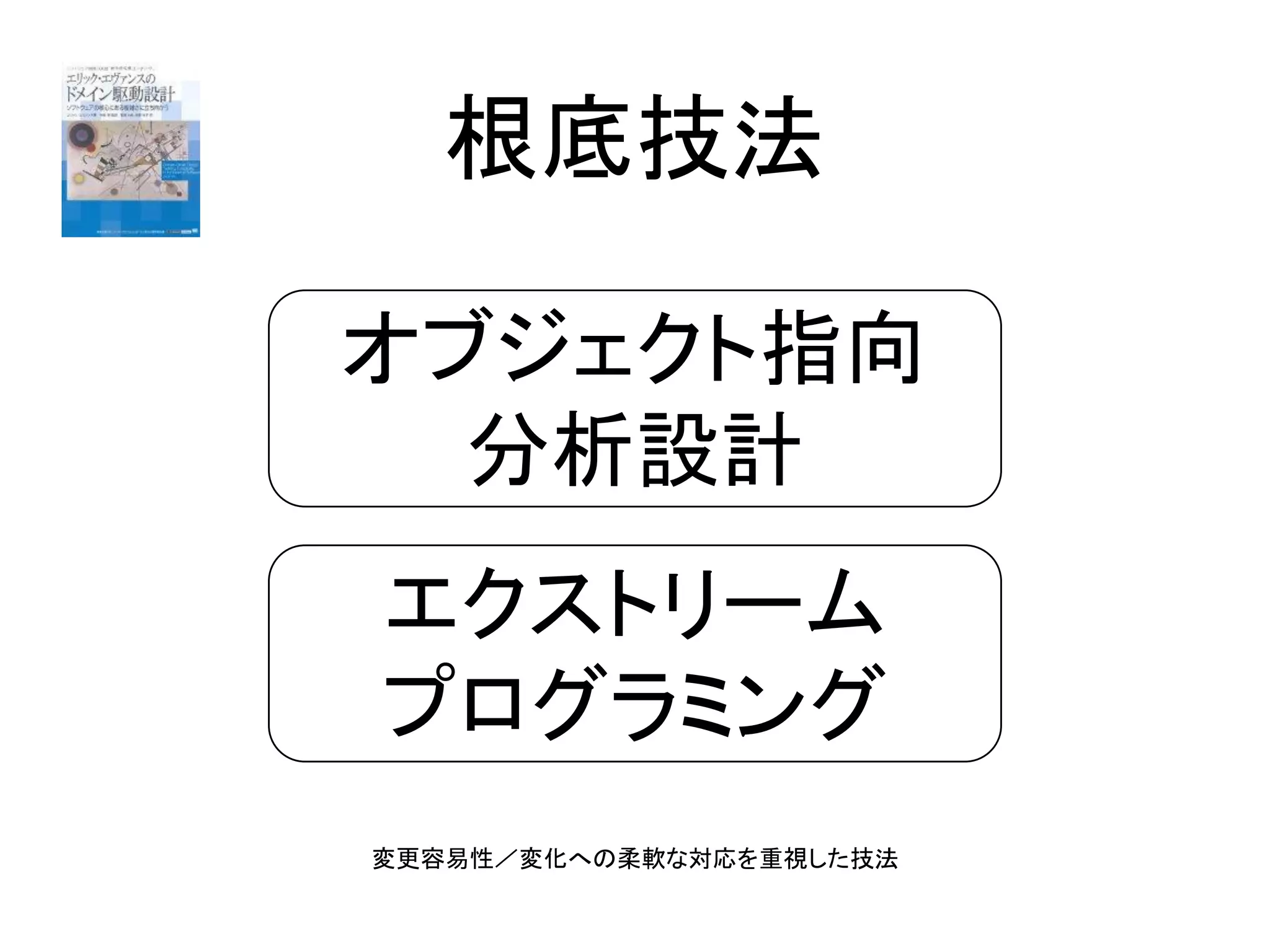 根底技法
オブジェクト指向
分析設計
エクストリーム
プログラミング
変更容易性／変化への柔軟な対応を重視した技法
 