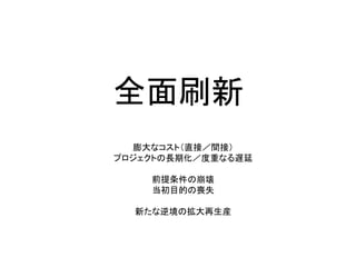 全面刷新
膨大なコスト（直接／間接）
プロジェクトの長期化／度重なる遅延
前提条件の崩壊
当初目的の喪失
新たな逆境の拡大再生産
 