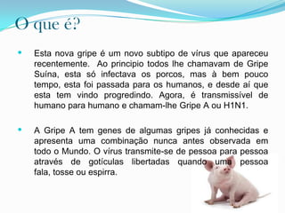 O que é?Esta nova gripe é um novo subtipo de vírus que apareceu recentemente.  Ao principio todos lhe chamavam de Gripe Suína, esta só infectava os porcos, mas à bem pouco tempo, esta foi passada para os humanos, e desde aí que esta tem vindo progredindo. Agora, é transmissível de humano para humano e chamam-lhe Gripe A ou H1N1.A Gripe A tem genes de algumas gripes já conhecidas e apresenta uma combinação nunca antes observada em todo o Mundo. O vírus transmite-se de pessoa para pessoa através de gotículas libertadas quando uma pessoa fala, tosse ou espirra.