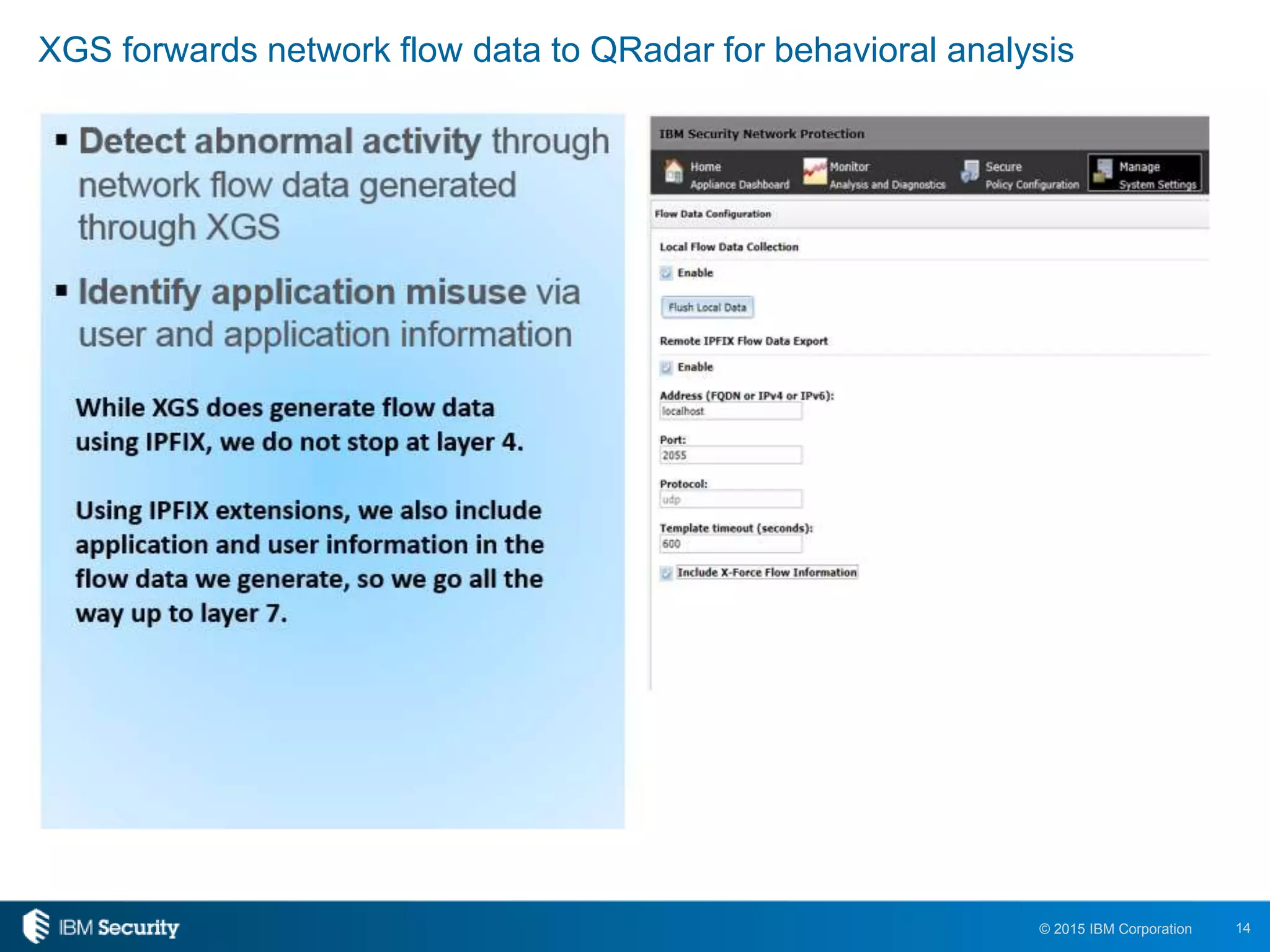 14© 2015 IBM Corporation
XGS forwards network flow data to QRadar for behavioral analysis
 