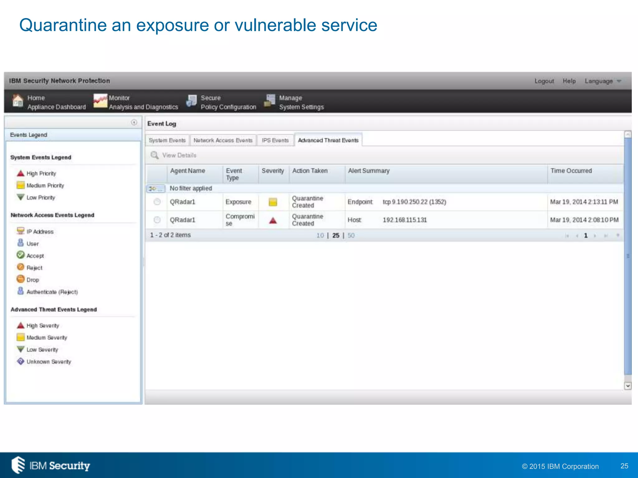 25© 2015 IBM Corporation
Quarantine an exposure or vulnerable service
 
