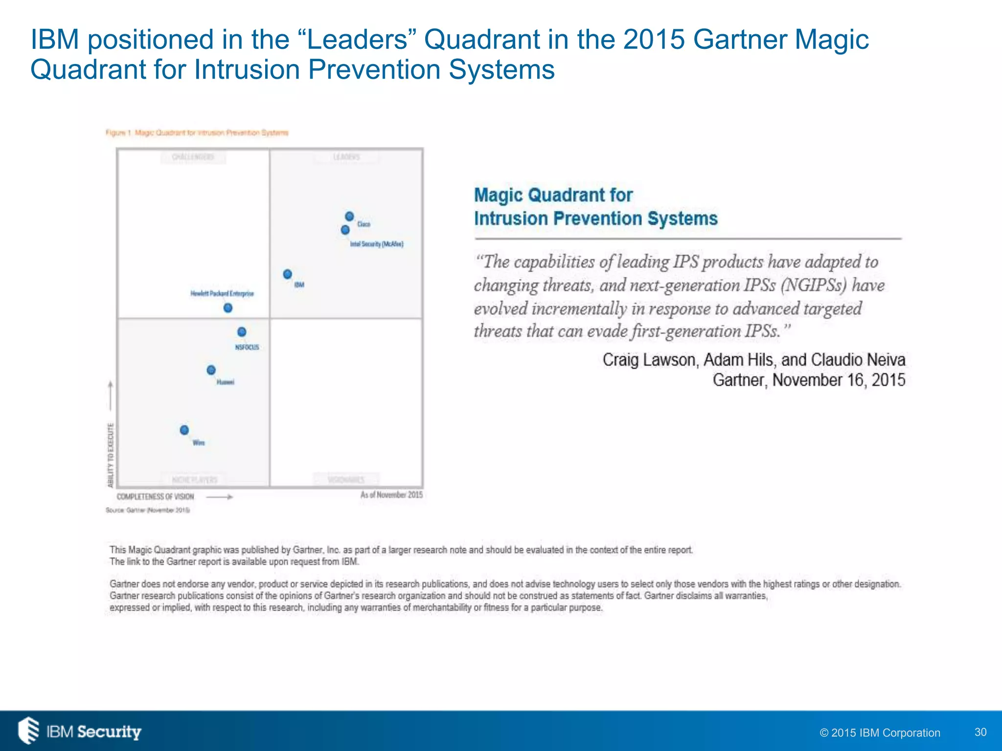 30© 2015 IBM Corporation
IBM positioned in the “Leaders” Quadrant in the 2015 Gartner Magic
Quadrant for Intrusion Prevention Systems
 
