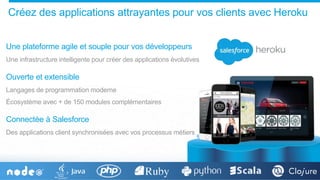 Une plateforme agile et souple pour vos développeurs
Une infrastructure intelligente pour créer des applications évolutives
Ouverte et extensible
Langages de programmation moderne
Écosystème avec + de 150 modules complémentaires
Connectée à Salesforce
Des applications client synchronisées avec vos processus métiers
Créez des applications attrayantes pour vos clients avec Heroku
 