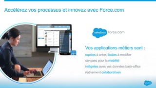 Accélérez vos processus et innovez avec Force.com
Vos applications métiers sont :
rapides à créer, faciles à modifier
conçues pour la mobilité
intégrées avec vos données back-office
nativement collaboratives
 