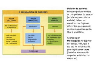 División de poderes:
Principio político no que
os tres poderes do estado
(lexislativo, executivo e
xudicial) deben ser
exercidos por órganos
diferentes, para garantir
un sistema político xusto,
libre e igualitario.
Acuñado por
Montesquieu no Espíritu
das Leis (1748) , que a
súa vez foi influenciado
polo inglés Jonh Locke
(describe a separación
do poder lexislativo do
executivo).
 