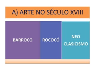 A) ARTE NO SÉCULO XVIII
BARROCO ROCOCÓ
NEO
CLASICISMO
 