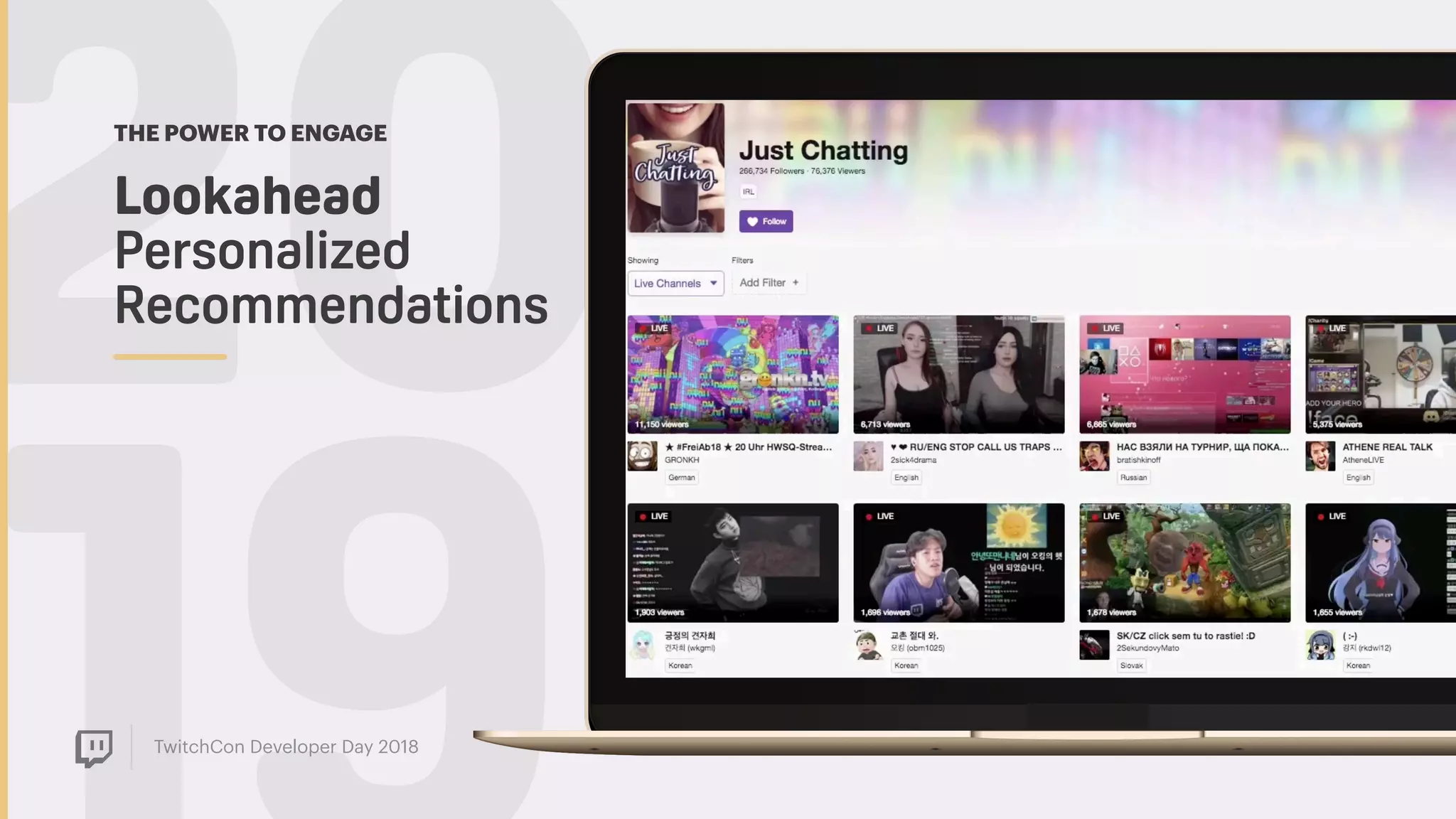 TwitchCon Developer Day 2018
20Lookahead  
Personalized
Recommendations
THE POWER TO ENGAGE
 