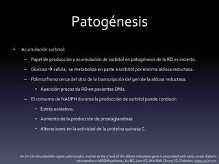 Patogénesis
• Acumulación sorbitol:
– Papel de producción y acumulación de sorbitol en patogénesis de la RD es incierto.
– Glucosa  célula; se metaboliza en parte a sorbitol por enzima aldosa reductasa.
– Polimorfismo cerca del sitio de la transcripción del gen de la aldosa reductasa:
• Aparición precoz de RD en pacientes DM2.
– El consumo de NADPH durante la producción de sorbitol puede conducir:
• Estrés oxidativo.
• Aumento de la producción de prostaglandinas
• Alteraciones en la actividad de la proteína quinasa C.
An (A-C)n dinucleotide repeat polymorphic marker at the 5' end of the aldose reductase gene is associated with early-onset diabetic
retinopathy in NIDDM patients., Ko BC, Lam KS,Wat NM, Chung SS, Diabetes. 1995;44(7):727.
 