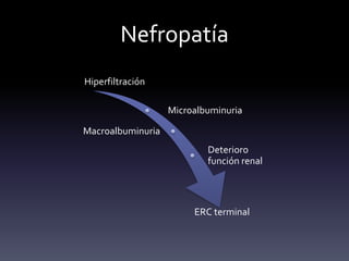Nefropatía
Hiperfiltración
Microalbuminuria
Macroalbuminuria
Deterioro
función renal
ERC terminal
 