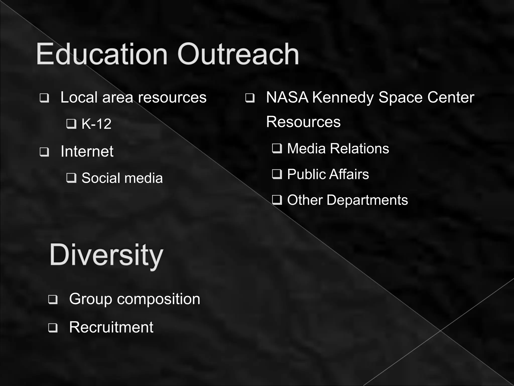    Local area resources      NASA Kennedy Space Center
     K-12                     Resources
   Internet                    Media Relations

     Social media              Public Affairs
                                Other Departments




    Group composition
    Recruitment
 