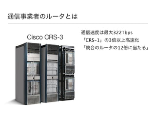 通信事業者のルータとは

                 通信速度は最大322Tbps
   Cisco CRS-3   「CRS-1」の3倍以上高速化
                 「競合のルータの12倍に当たる」
 