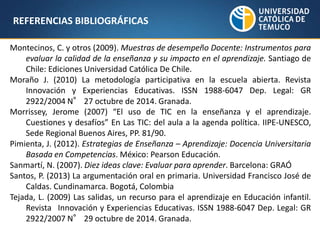REFERENCIAS BIBLIOGRÁFICAS
Montecinos, C. y otros (2009). Muestras de desempeño Docente: Instrumentos para
evaluar la calidad de la enseñanza y su impacto en el aprendizaje. Santiago de
Chile: Ediciones Universidad Católica De Chile.
Moraño J. (2010) La metodología participativa en la escuela abierta. Revista
Innovación y Experiencias Educativas. ISSN 1988-6047 Dep. Legal: GR
2922/2004 N° 27 octubre de 2014. Granada.
Morrissey, Jerome (2007) “El uso de TIC en la enseñanza y el aprendizaje.
Cuestiones y desafíos” En Las TIC: del aula a la agenda política. IIPE-UNESCO,
Sede Regional Buenos Aires, PP. 81/90.
Pimienta, J. (2012). Estrategias de Enseñanza – Aprendizaje: Docencia Universitaria
Basada en Competencias. México: Pearson Educación.
Sanmartí, N. (2007). Diez ideas clave: Evaluar para aprender. Barcelona: GRAÓ
Santos, P. (2013) La argumentación oral en primaria. Universidad Francisco José de
Caldas. Cundinamarca. Bogotá, Colombia
Tejada, L. (2009) Las salidas, un recurso para el aprendizaje en Educación infantil.
Revista Innovación y Experiencias Educativas. ISSN 1988-6047 Dep. Legal: GR
2922/2007 N° 29 octubre de 2014. Granada.
 