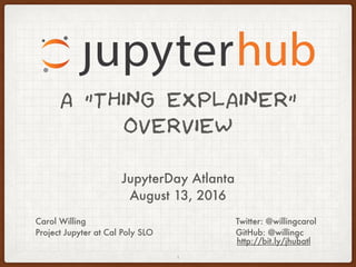 A “THING EXPLAINER”
OVERVIEW
Twitter: @willingcarol
GitHub: @willingc
1
Carol Willing
Project Jupyter at Cal Poly SLO
JupyterDay Atlanta
August 13, 2016
http://bit.ly/jupyterhub-atl
 