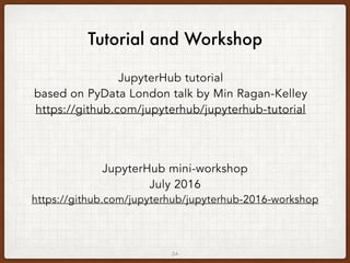 24
JupyterHub mini-workshop
July 2016
https://github.com/jupyterhub/jupyterhub-2016-workshop
Tutorial and Workshop
JupyterHub tutorial
based on PyData London talk by Min Ragan-Kelley
https://github.com/jupyterhub/jupyterhub-tutorial
 