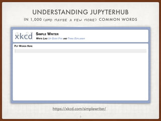 UNDERSTANDING JUPYTERHUB
IN 1,000 (AND MAYBE A FEW MORE) COMMON WORDS
https://xkcd.com/simplewriter/
3
 