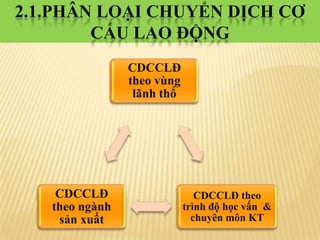 2.1.PHÂN LOẠI CHUYỂN DỊCH CƠ
CẤU LAO ĐỘNG
CDCCLĐ
theo vùng
lãnh thổ

CDCCLĐ
theo ngành
sản xuất

CDCCLĐ theo
trình độ học vấn &
chuyên môn KT

 